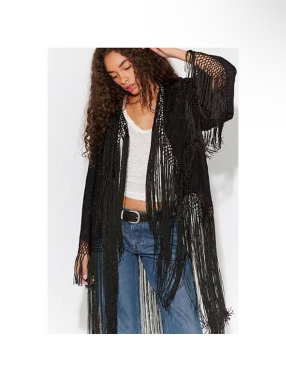 Free People London Nights Piano Duster Black Fringe Open Front Jacket One Size